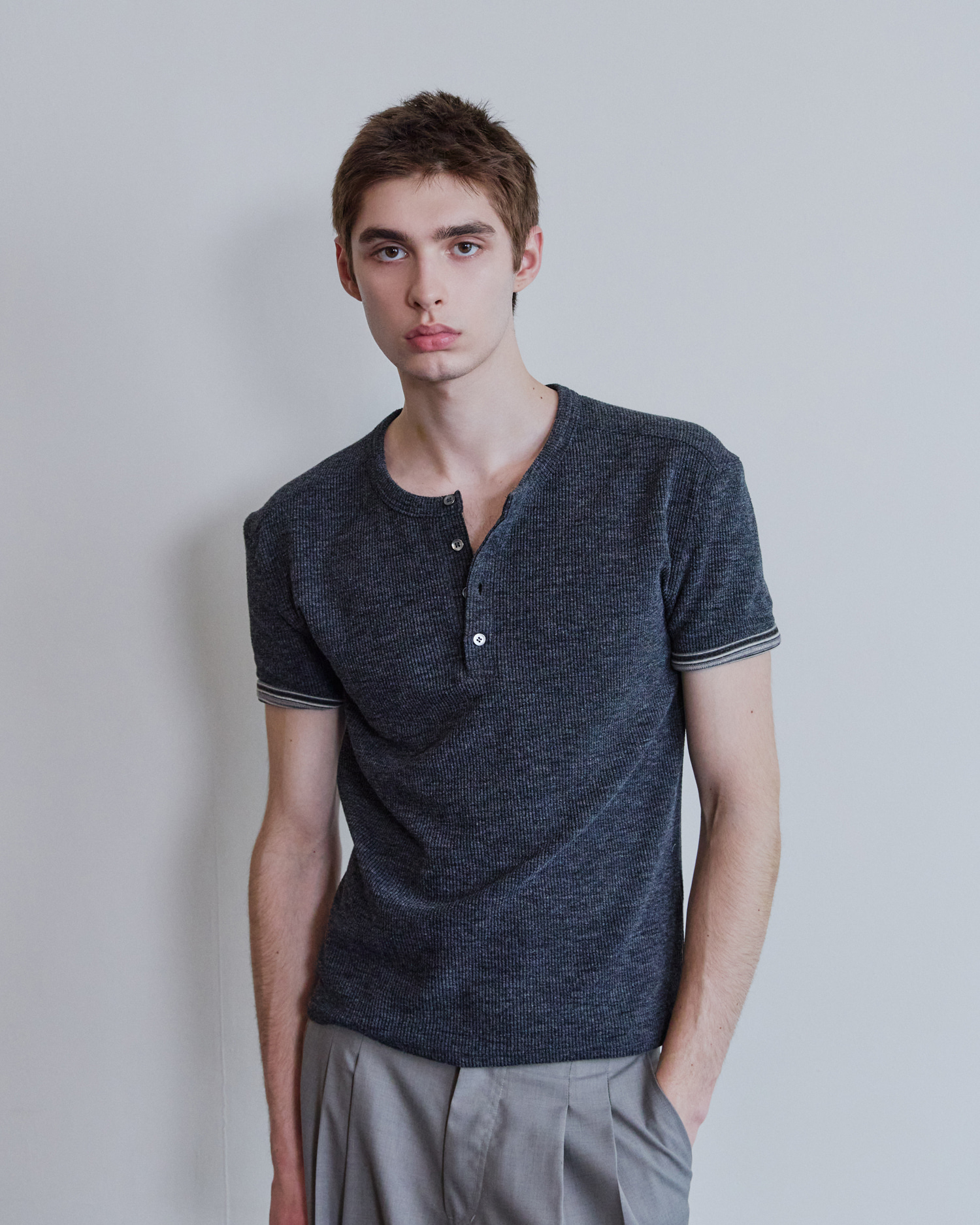[WAVINESS] Ribbed Layered Henley-Neck T-shirts - Charcoal