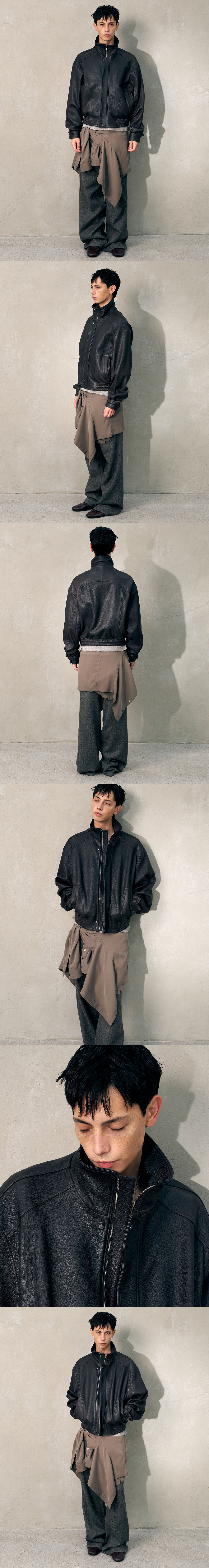 [HALEINE] OVERSIZED 3D HIGH NECK LEATHER JACKET BROWN (XJ322)