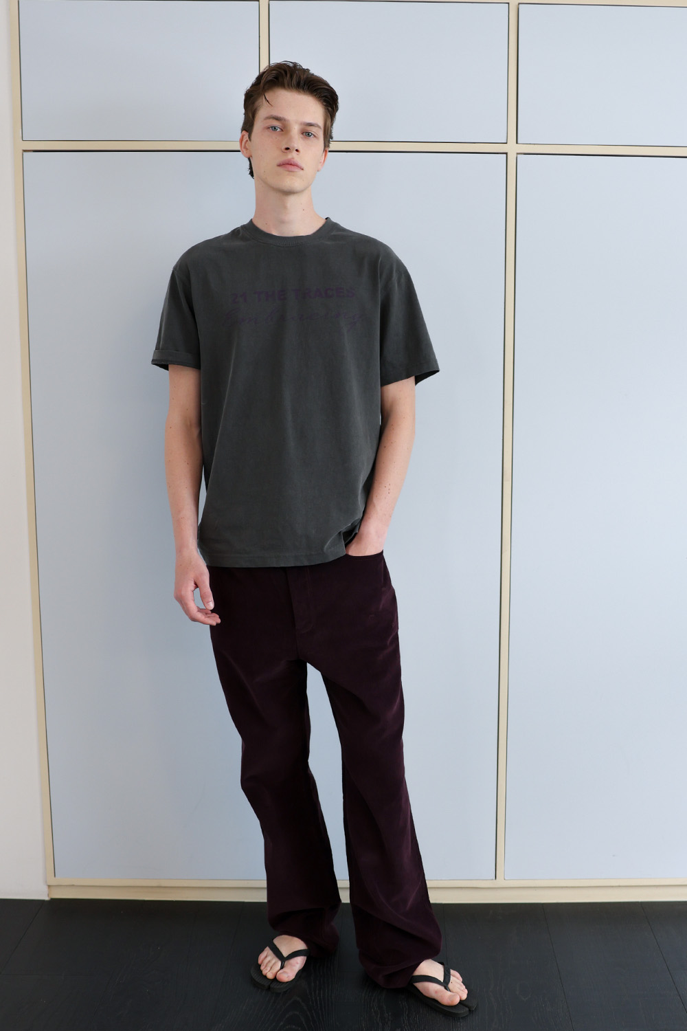 [ANYTIME LOREAK] TRACE WASHED HALF T-SHIRT - CHARCOAL