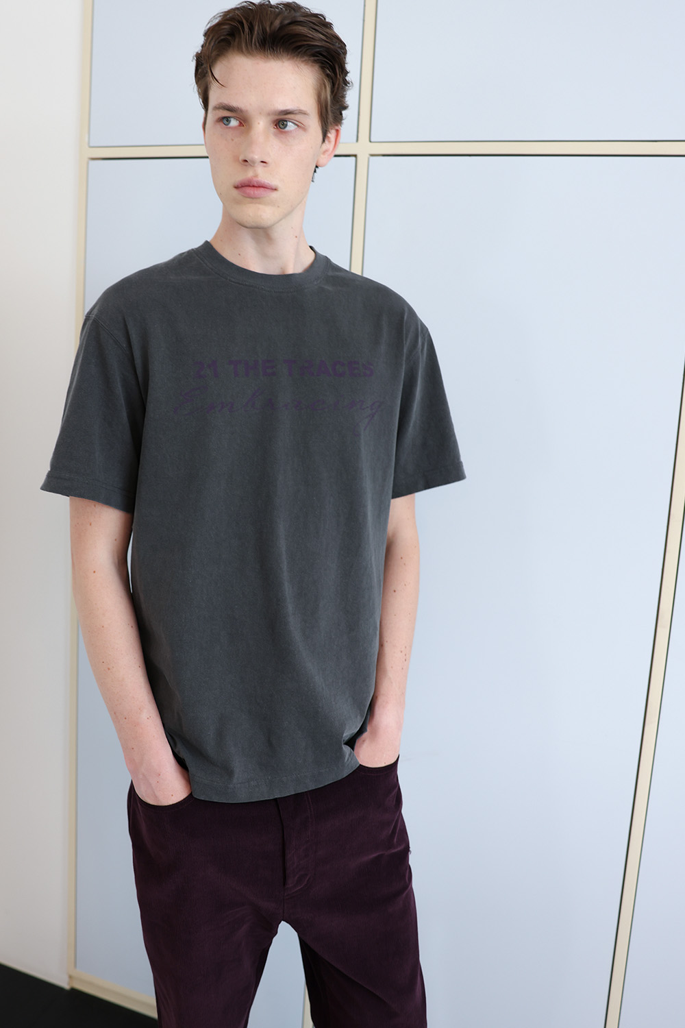 [ANYTIME LOREAK] TRACE WASHED HALF T-SHIRT - CHARCOAL
