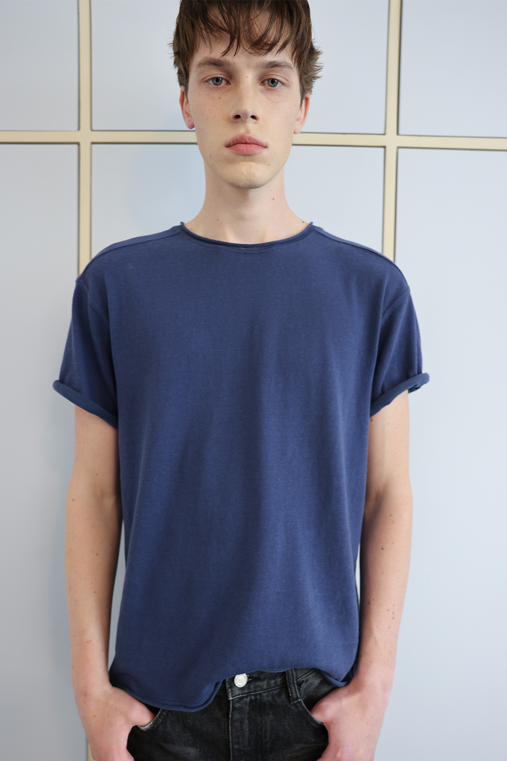 [ANYTIME LOREAK] YUCCA RAW-EDGE HALF KNIT -BLUE