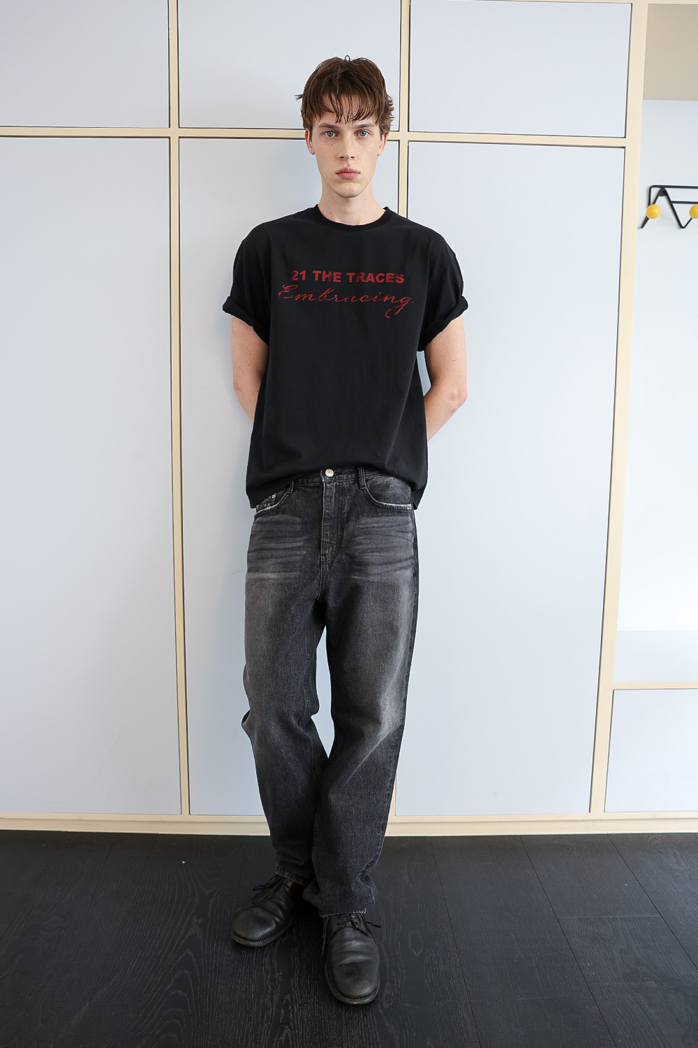[ANYTIME LOREAK] TRACE WASHED HALF T-SHIRT - BLACK