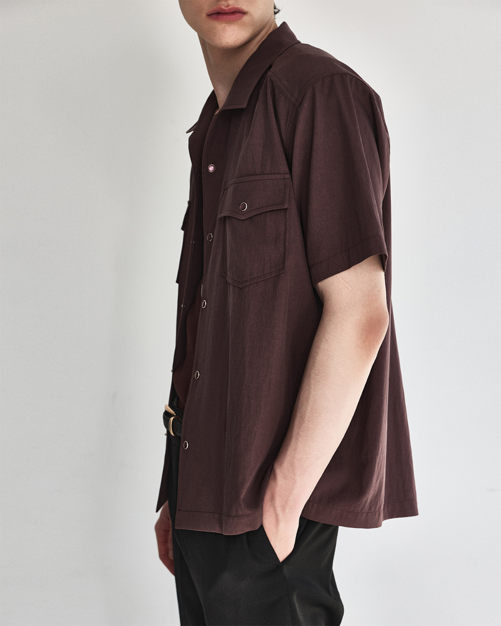 [kineto] Éclat Snap Open Collar Shirt_Plum