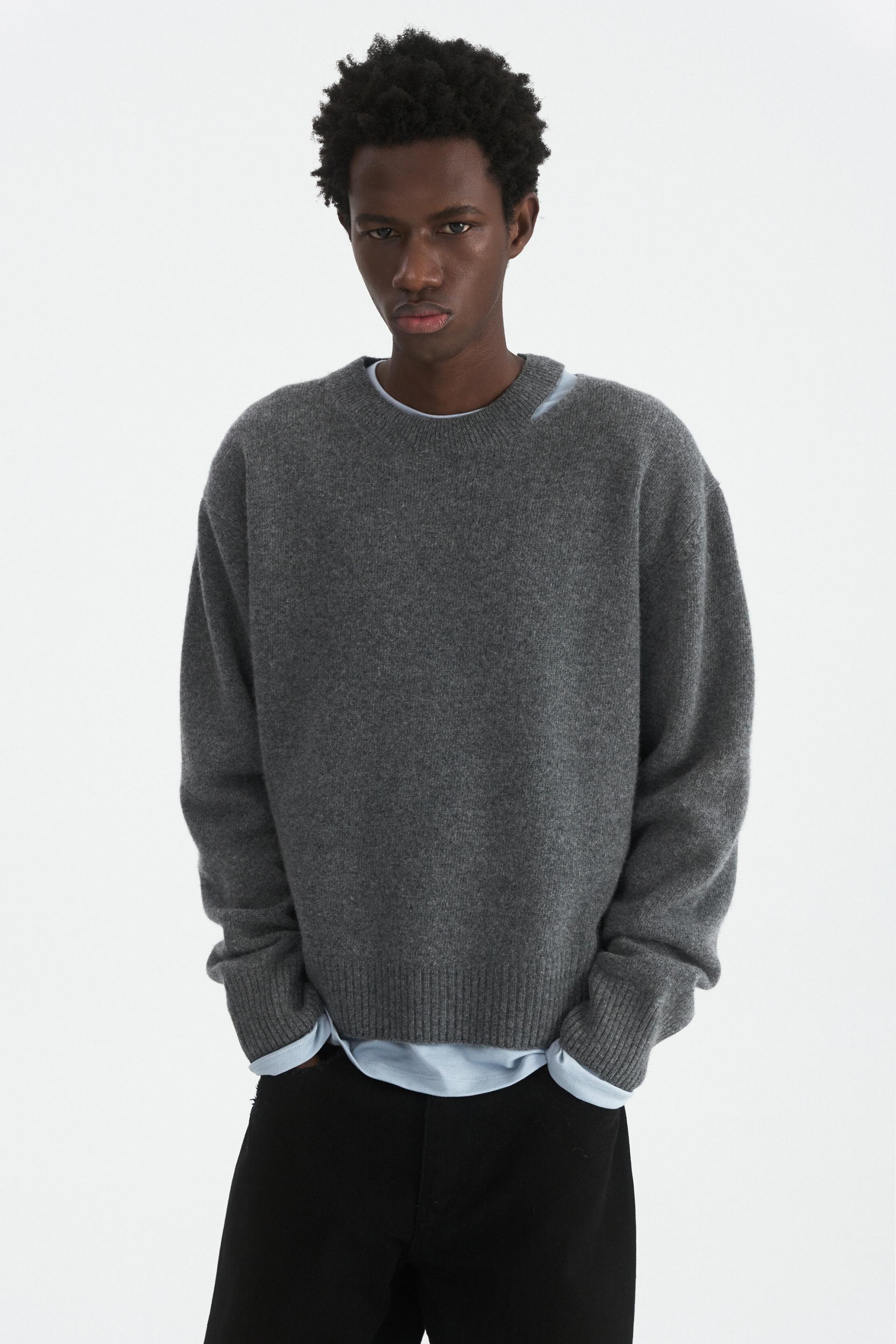 [WINDER] SLIT MERINO WOOL SWEATER - MELANGE GREY