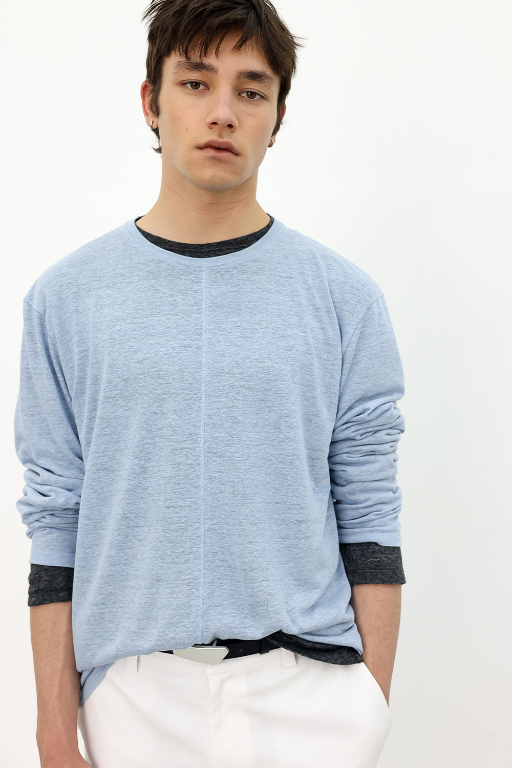 [ANYTIME LOREAK] CAMELLIA LAYERED TEE - SKY BLUE/CHARCOAL