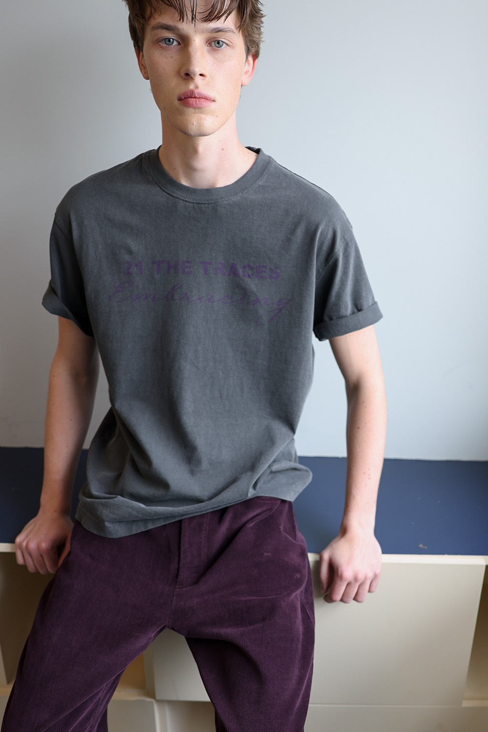 [ANYTIME LOREAK] TRACE WASHED HALF T-SHIRT - CHARCOAL