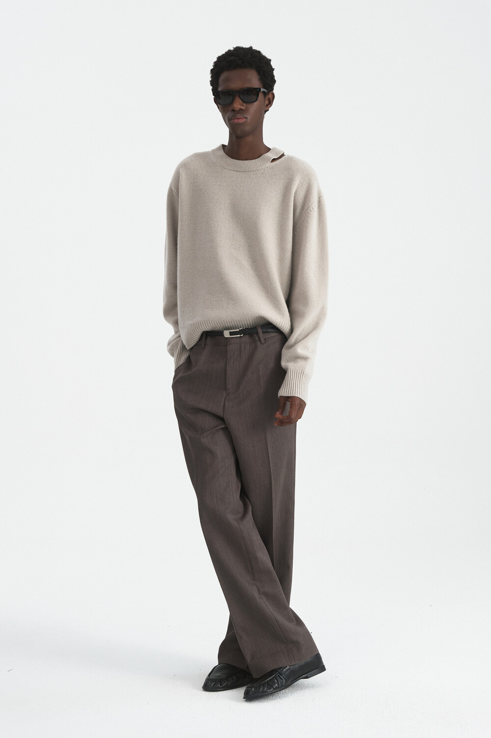 [WINDER] SLIT MERINO WOOL SWEATER - GREY BEIGE