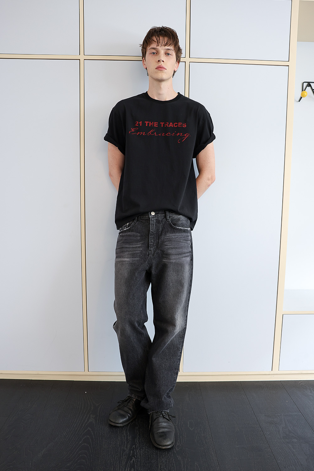 [ANYTIME LOREAK] TRACE WASHED HALF T-SHIRT - BLACK