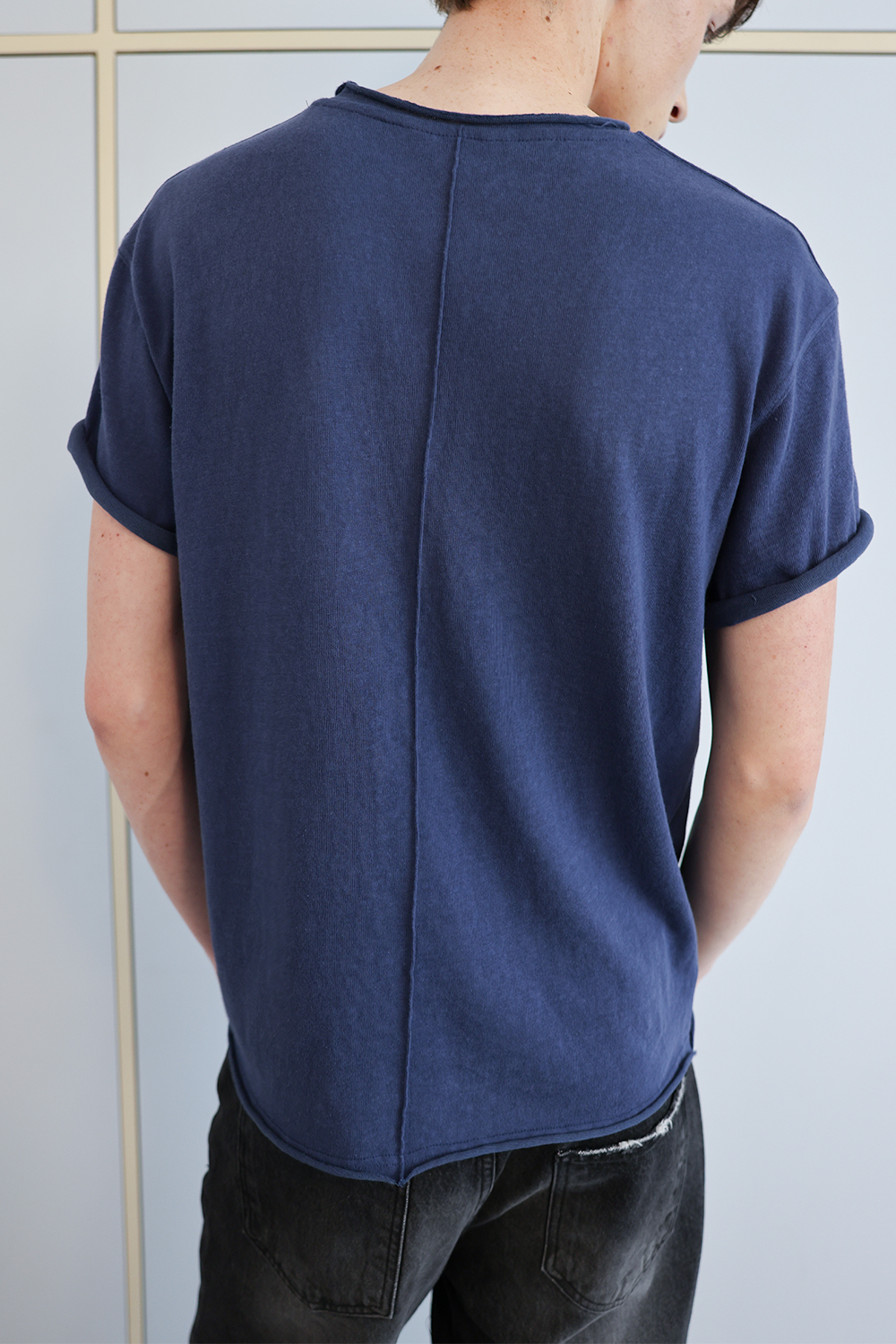[ANYTIME LOREAK] YUCCA RAW-EDGE HALF KNIT -BLUE
