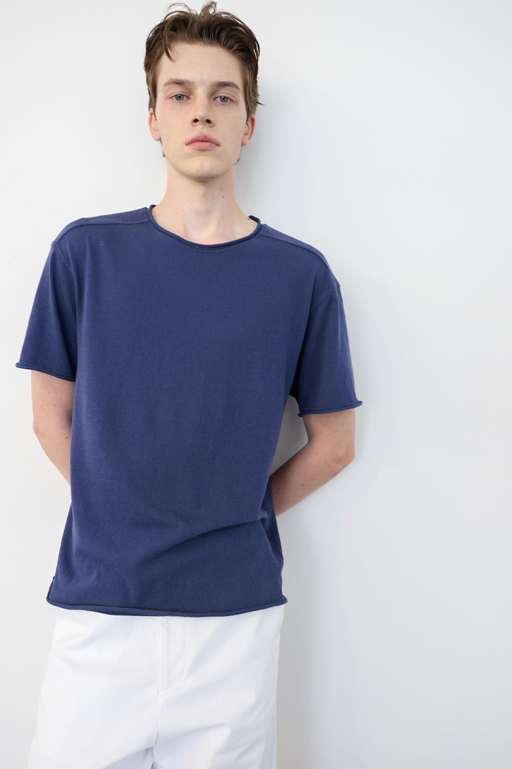 [ANYTIME LOREAK] YUCCA RAW-EDGE HALF KNIT -BLUE