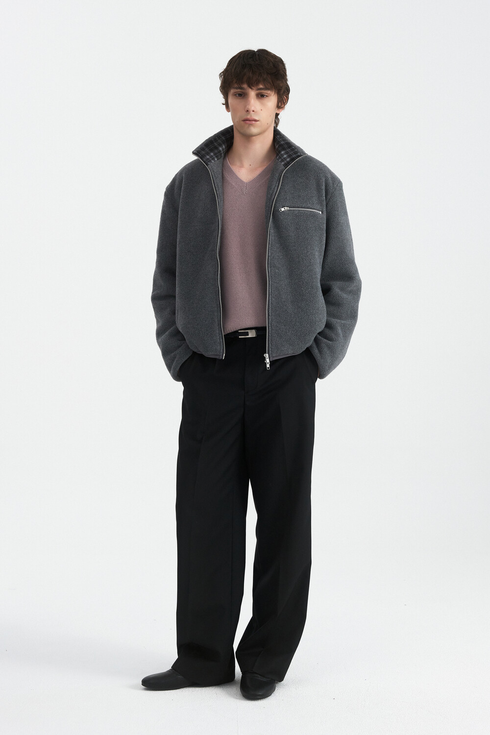 [WINDER] COLLAR CONTRAST FLEECE JUMPER - MELANGE GREY