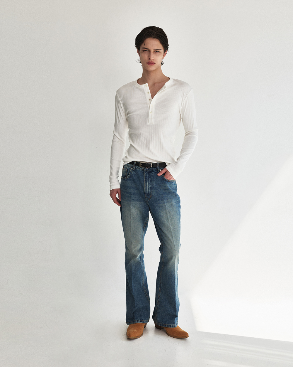 [kineto] Fine Cotton Ribbed Henley Top_White