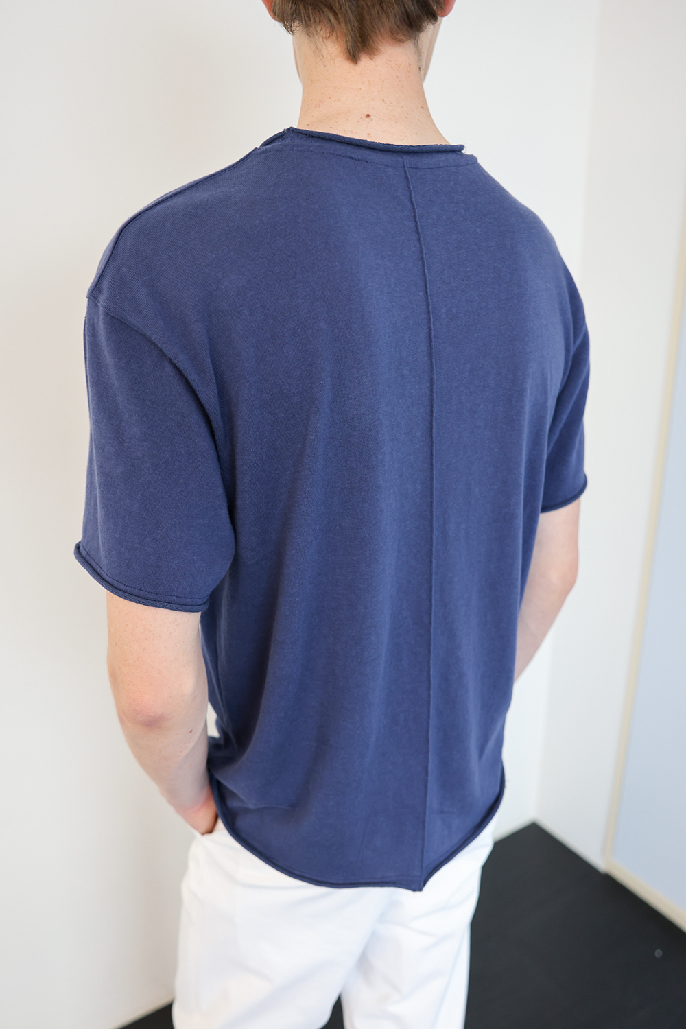 [ANYTIME LOREAK] YUCCA RAW-EDGE HALF KNIT -BLUE