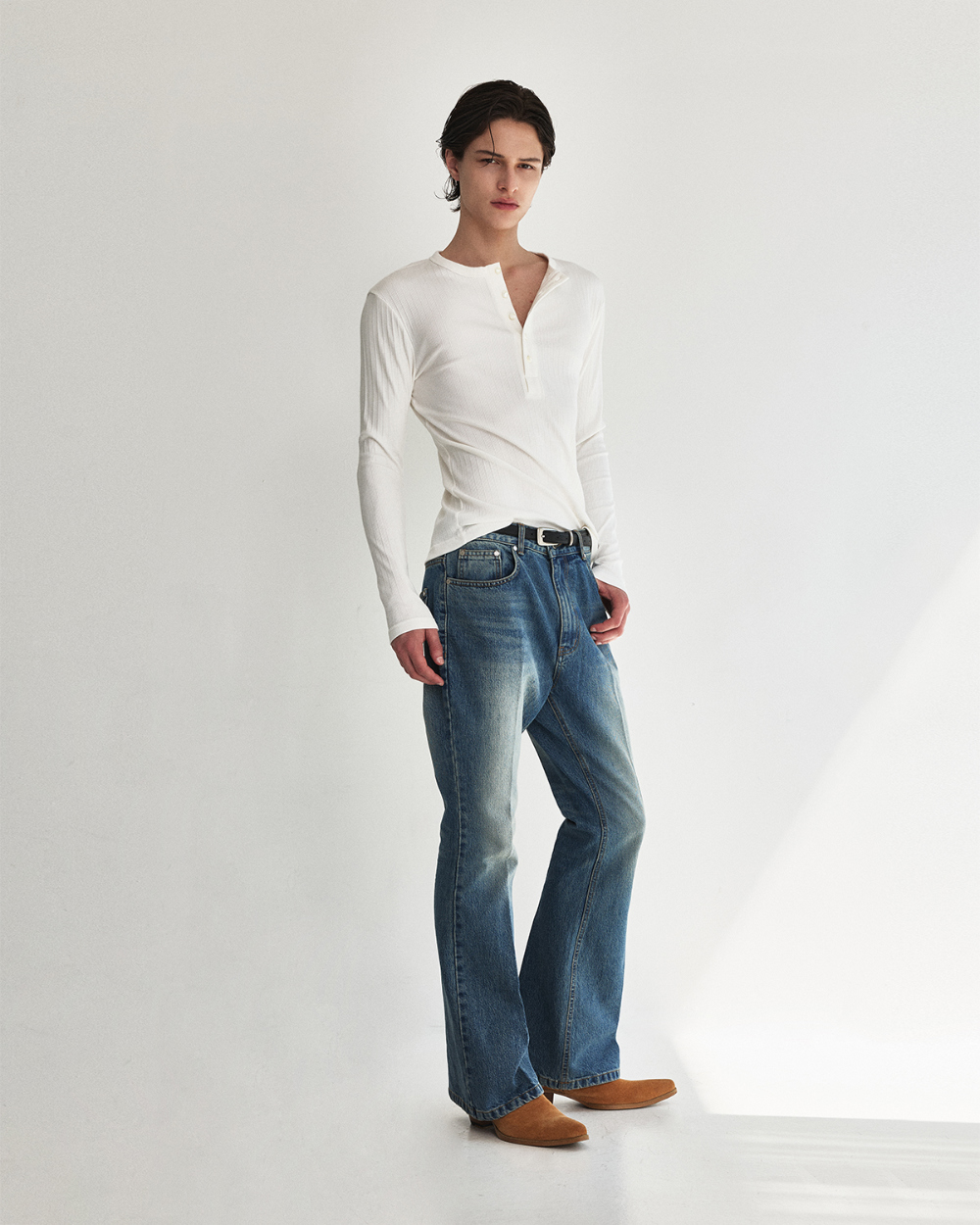 [kineto] Oblong Leather Buckle Belt_Silver