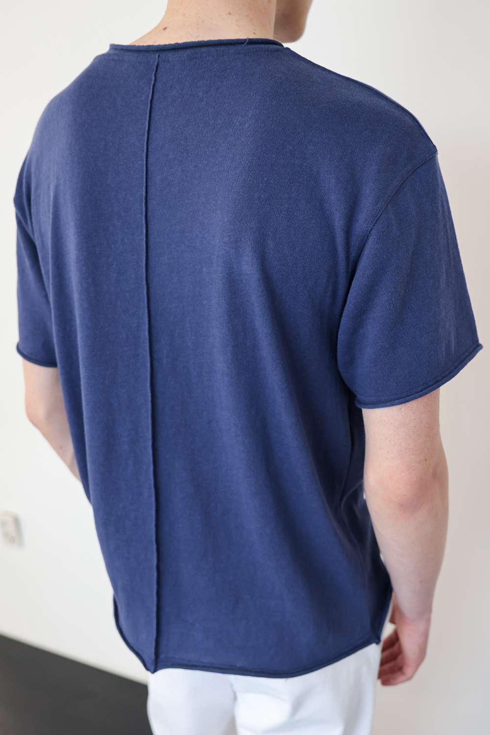 [ANYTIME LOREAK] YUCCA RAW-EDGE HALF KNIT -BLUE