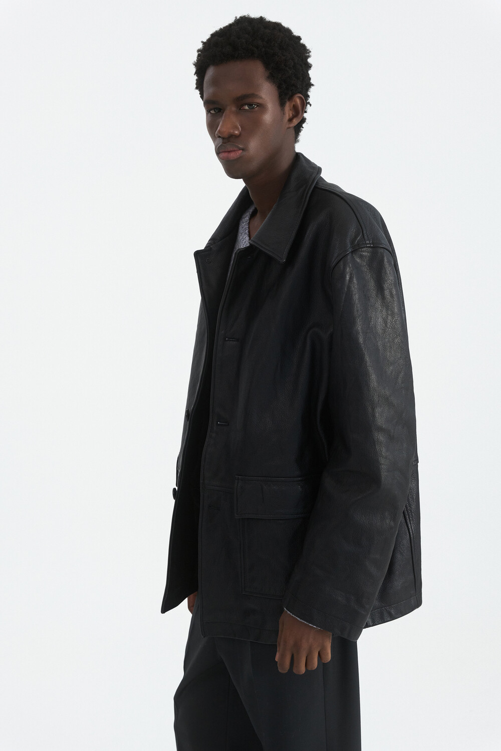 [WINDER] VINTAGE WASHED GOAT LEATHER CAR COAT - BLACK