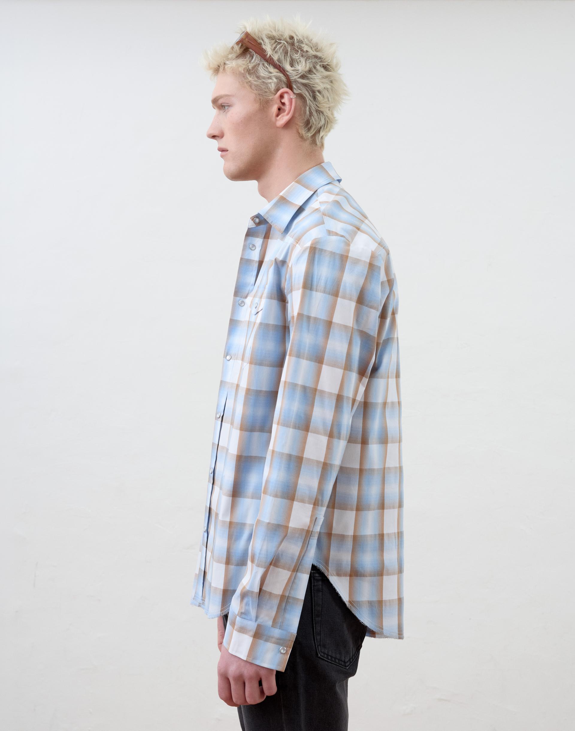 [MOOMYUNG] ‘Keanu’ CHECKED WESTERN SHIRT (SKY BLUE CHECK)