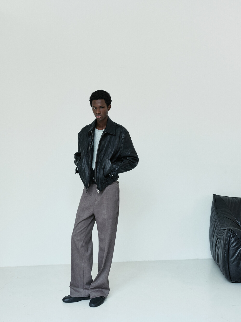 [WINDER] VINTAGE WRINKLE GOAT LEATHER BLOUSON - BLACK