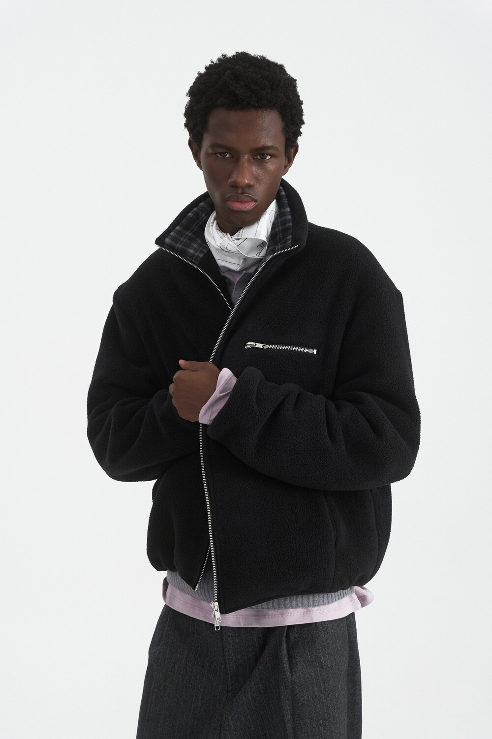 [WINDER] COLLAR CONTRAST FLEECE JUMPER - BLACK