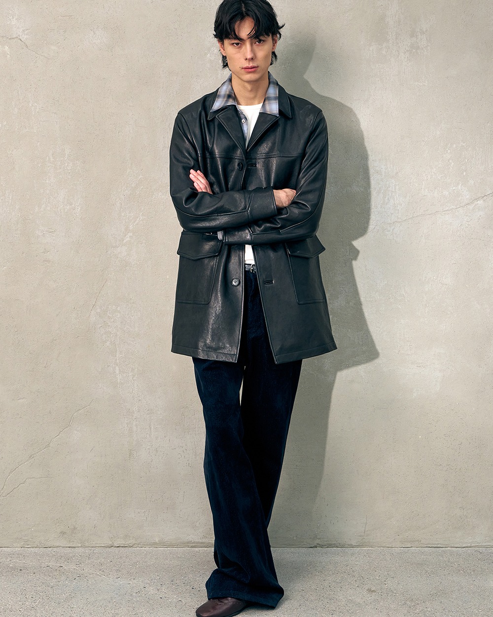 [HALEINE] LEATHER CAR COAT BLACK (XJ314)