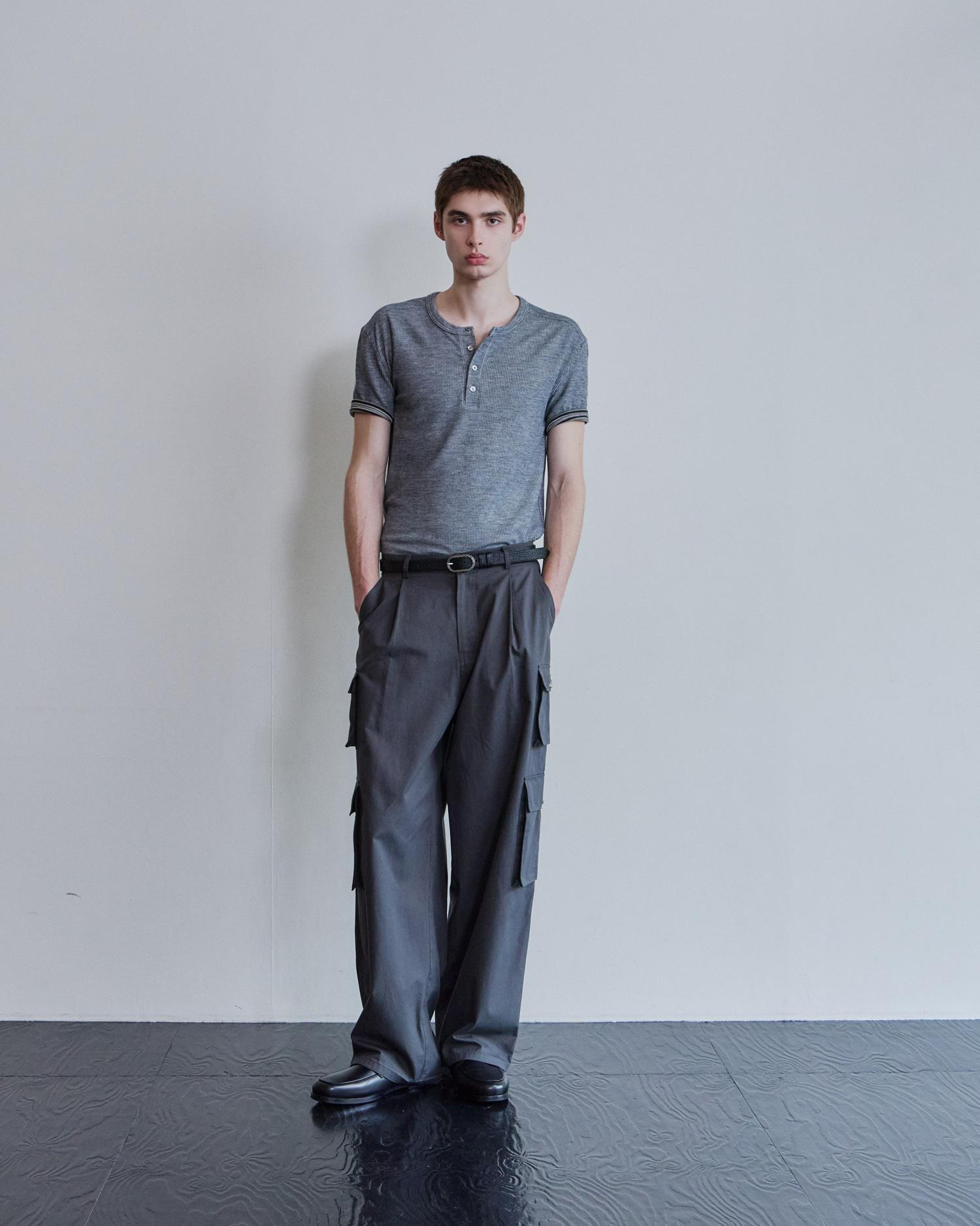 [WAVINESS] Ribbed Layered Henley-Neck T-shirts - Light Grey