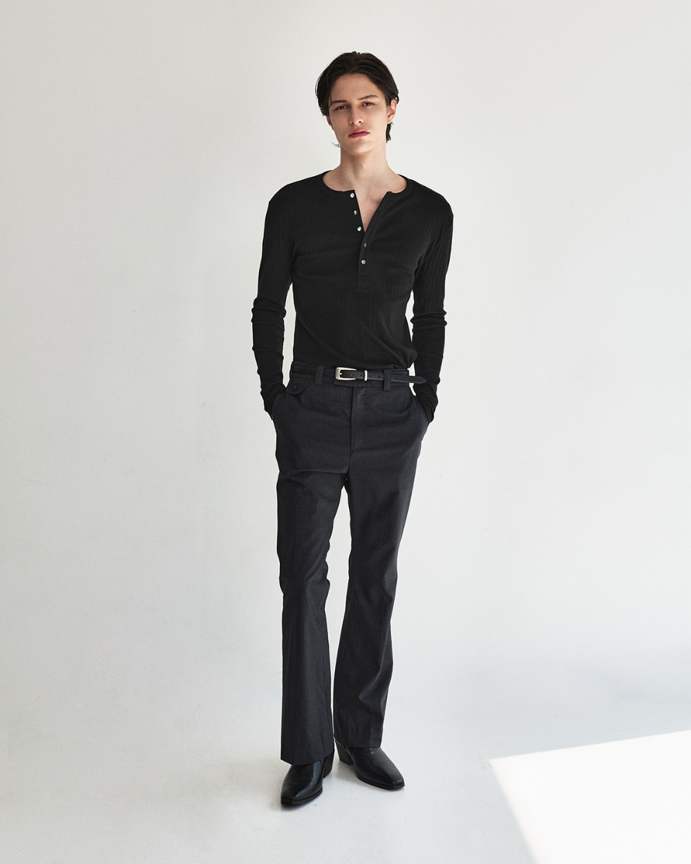 [kineto] Fine Cotton Ribbed Henley Top_Black