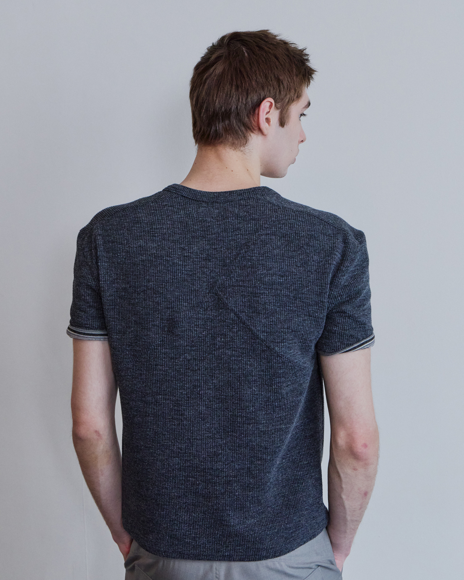 [WAVINESS] Ribbed Layered Henley-Neck T-shirts - Charcoal