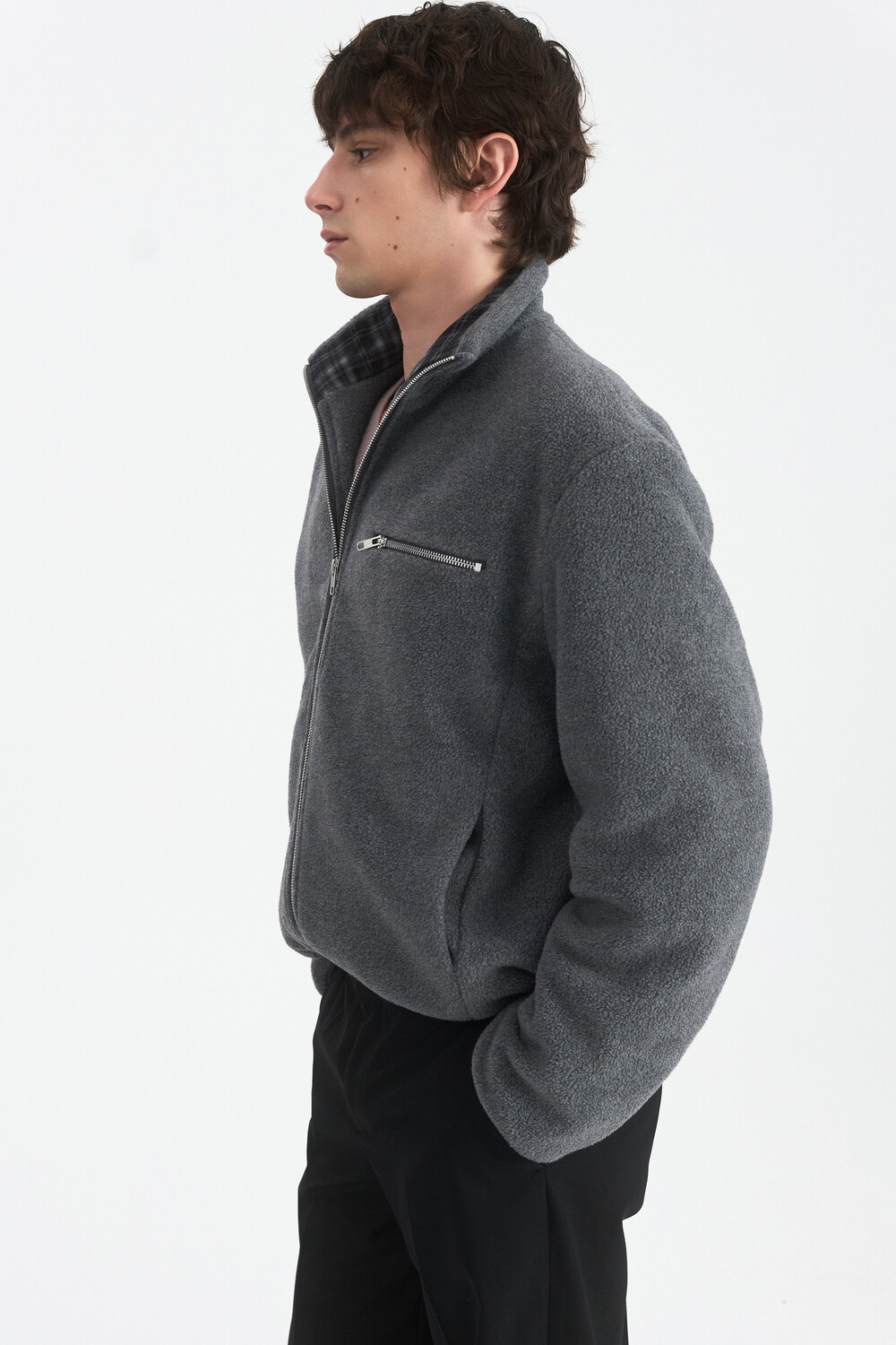 [WINDER] COLLAR CONTRAST FLEECE JUMPER - MELANGE GREY