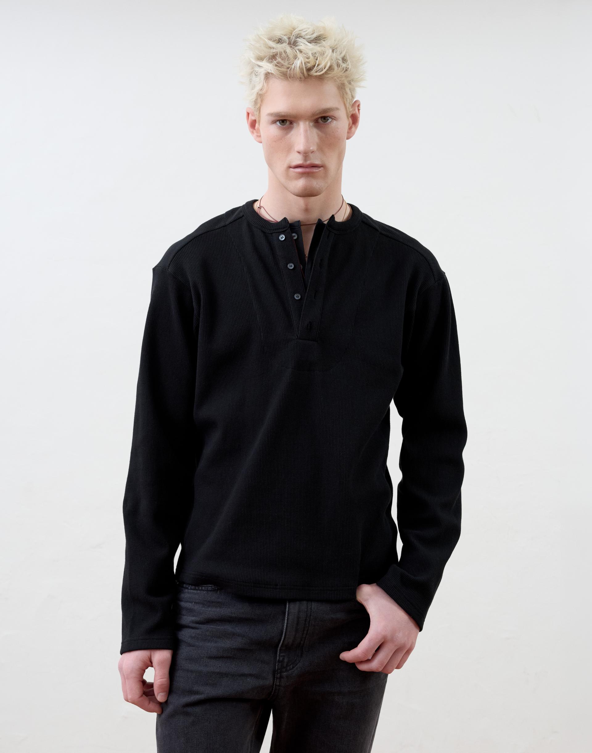 [MOOMYUNG] LAYERED HENLEY NECK LONG SLEEVE (BLACK)