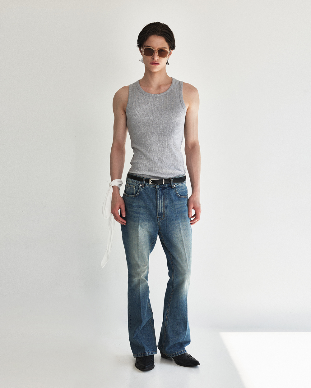 [kineto] Oblong Leather Buckle Belt_Silver