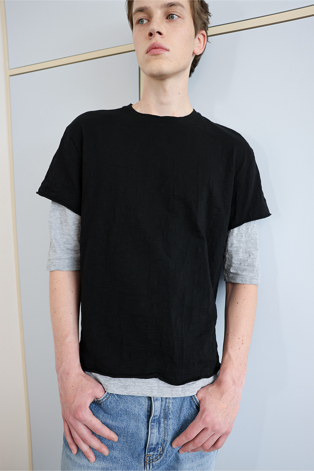 [ANYTIME LOREAK] FADE SLUB HALF T-SHIRT - BLACK