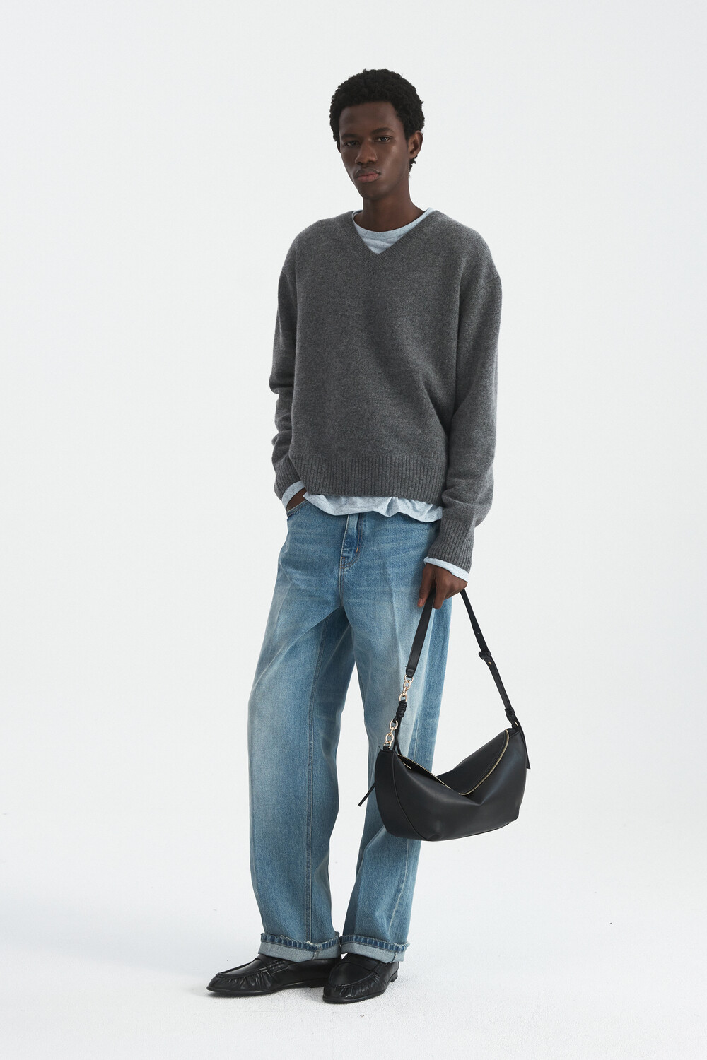 [WINDER] CONTOUR RIB WOOL V NECK SWEATER - MELANGE GREY