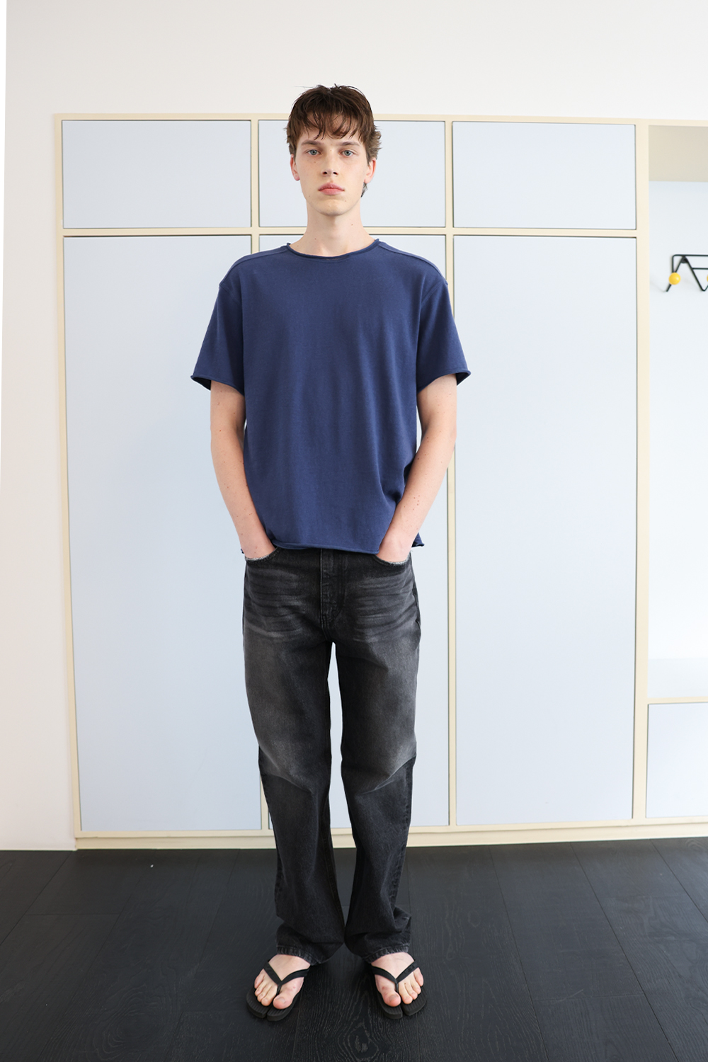 [ANYTIME LOREAK] YUCCA RAW-EDGE HALF KNIT -BLUE
