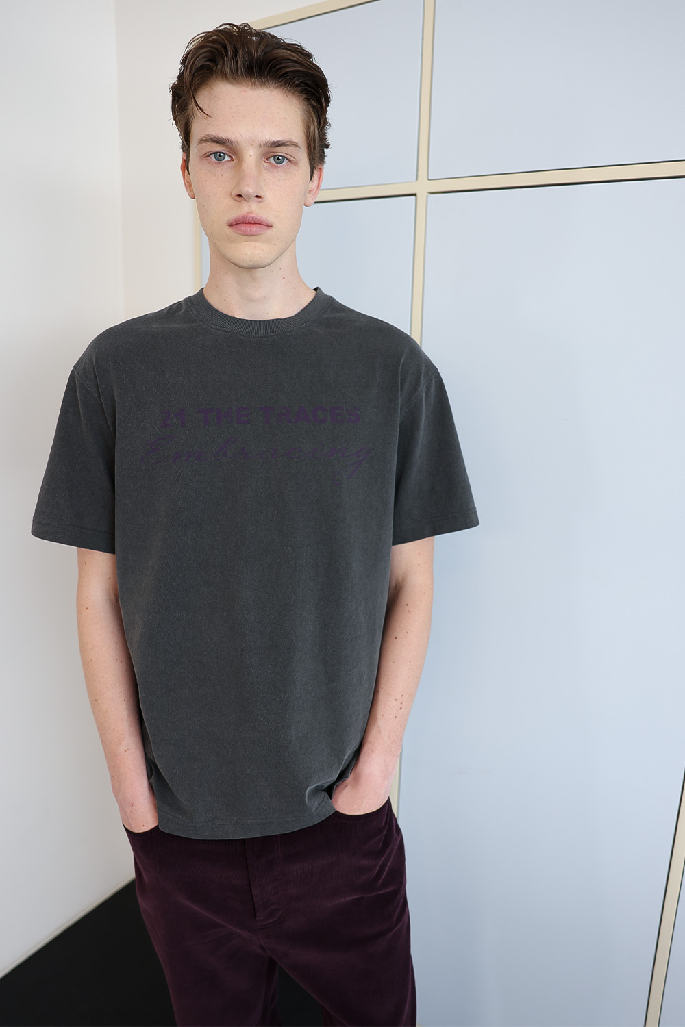 [ANYTIME LOREAK] TRACE WASHED HALF T-SHIRT - CHARCOAL