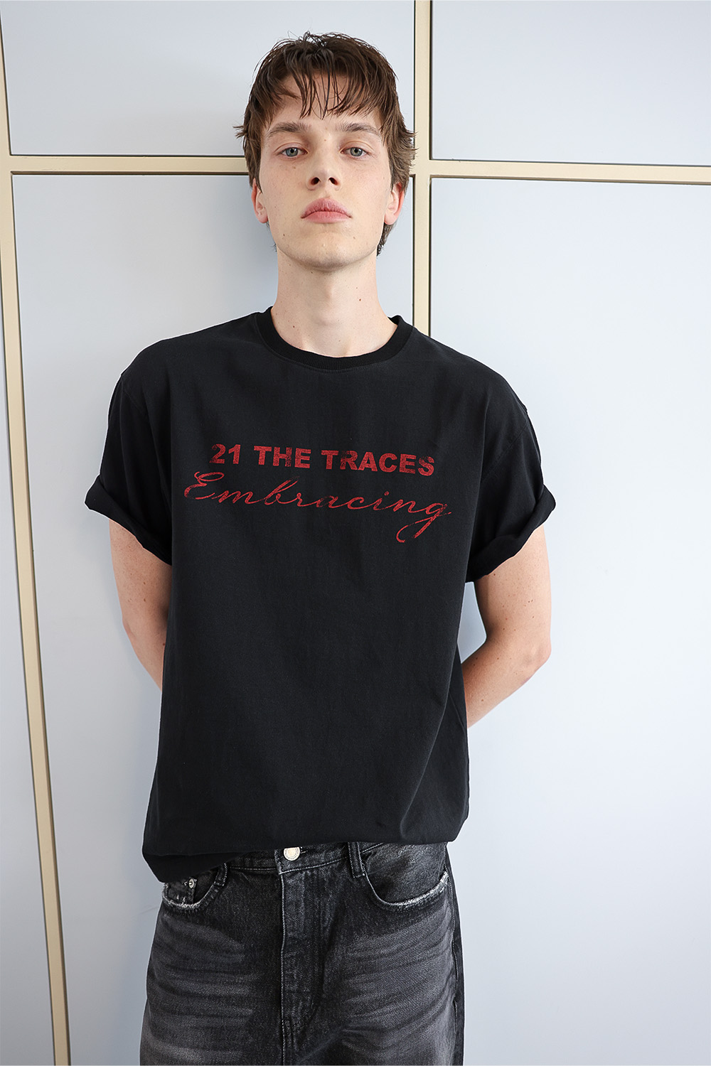 [ANYTIME LOREAK] TRACE WASHED HALF T-SHIRT - BLACK