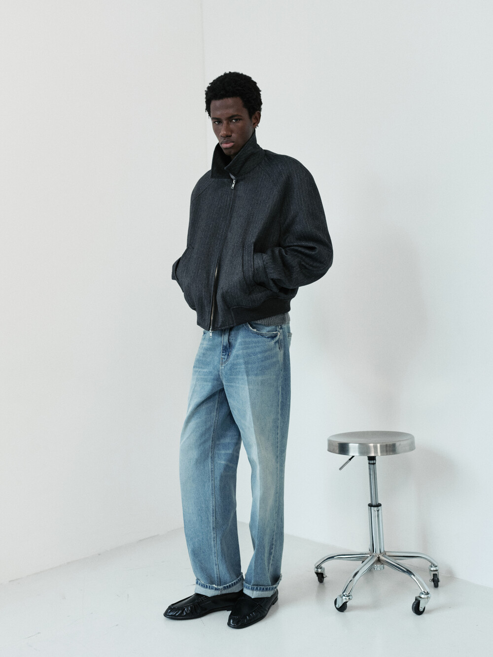 [WINDER] RAGLAN WOOL CROP BLOUSON - HARRINGBONE CHARCOAL