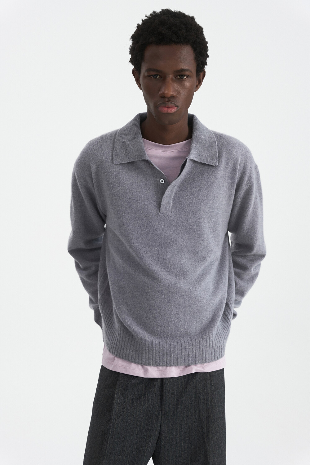 [WINDER] MERINO WOOL HIDDEN POLO SWEATER - SILVER BLUE