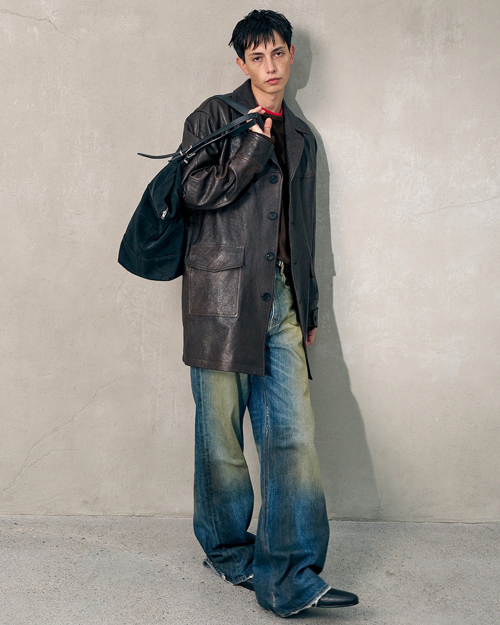 [HALEINE] LEATHER CAR COAT ANTIQUE BROWN (XJ315)