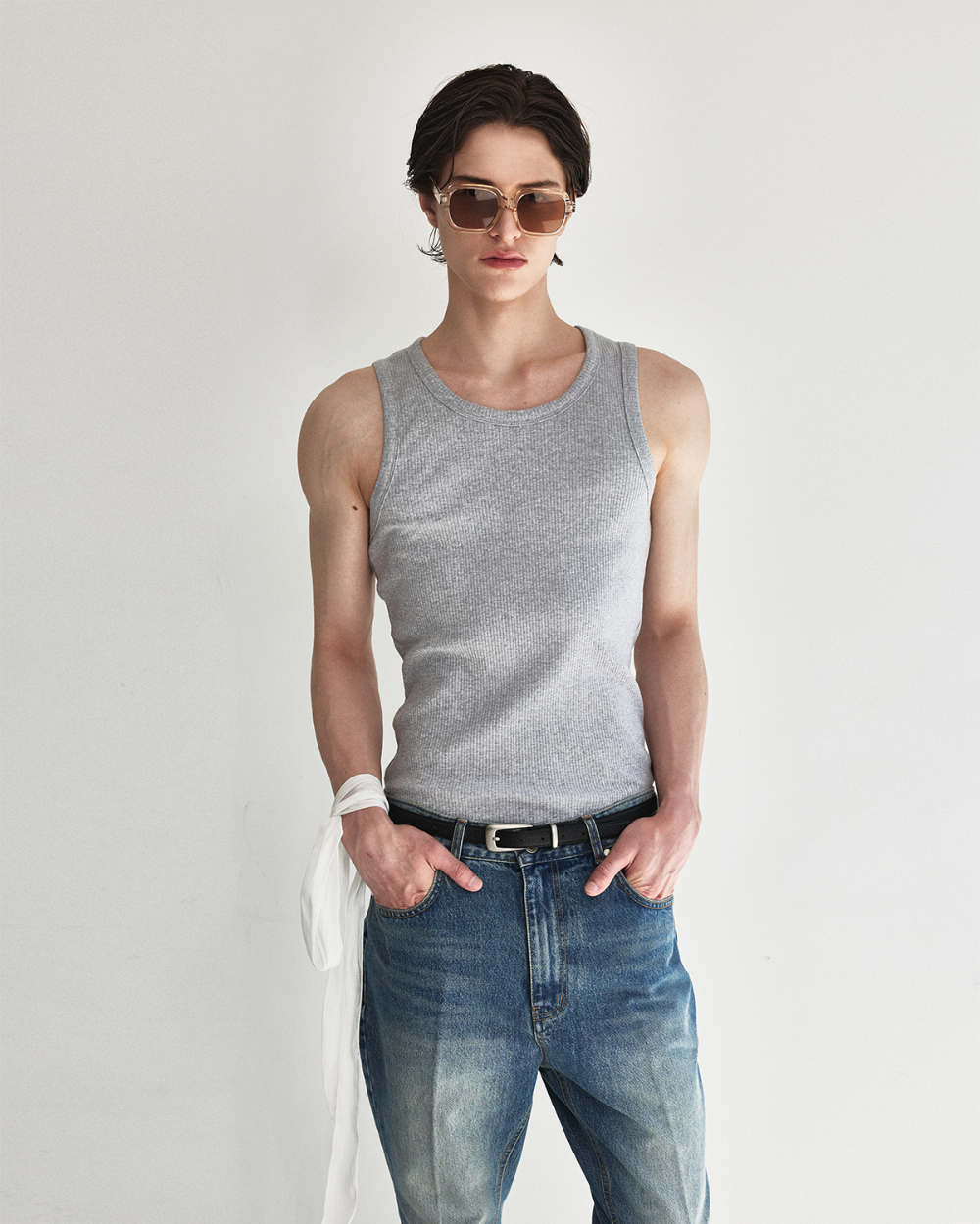 [kineto] Oblong Leather Buckle Belt_Silver