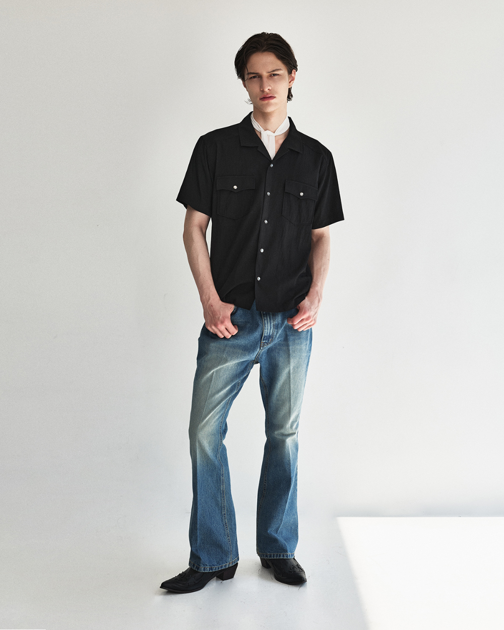 [kineto] Éclat Snap Open Collar Shirt_Black