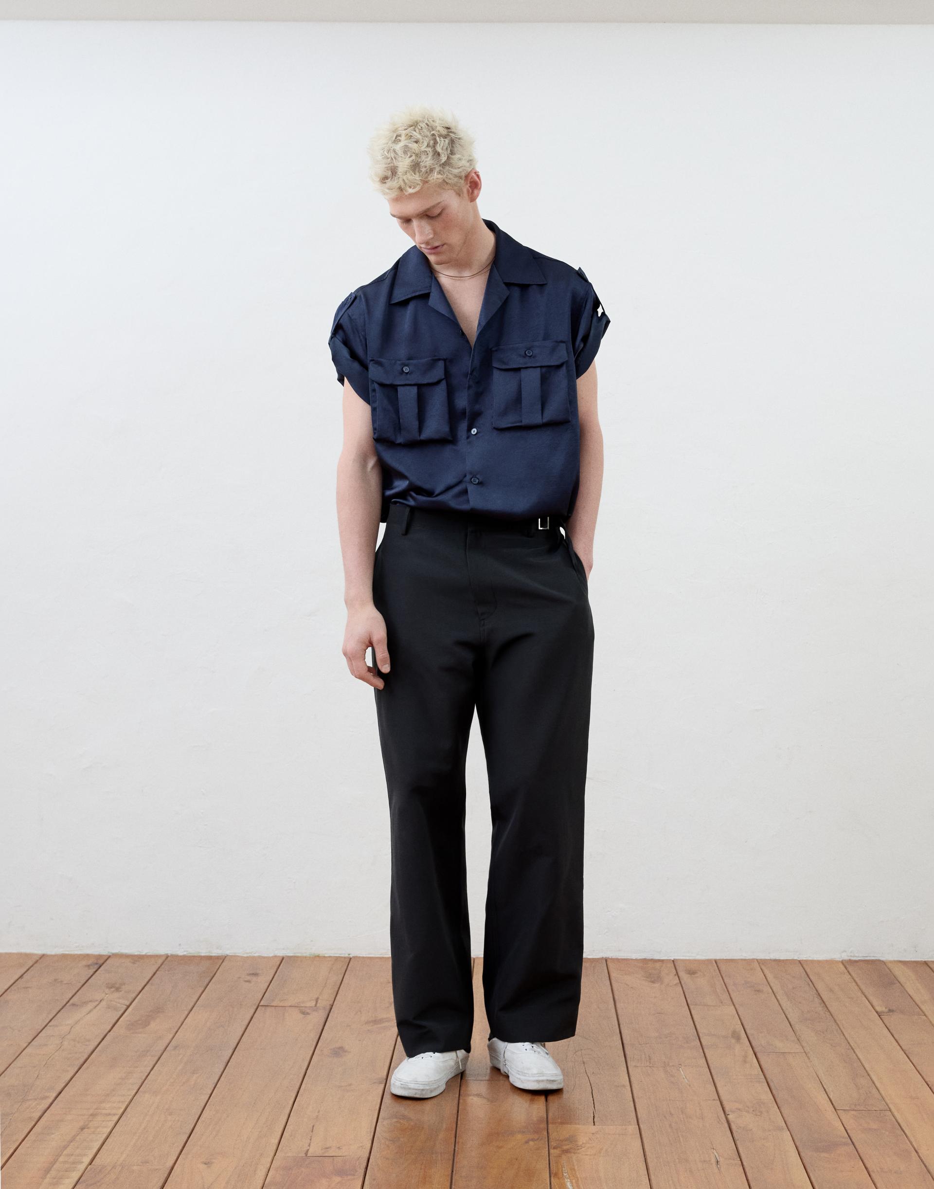[MOOMYUNG ] MILANESE OPEN COLLAR SHIRT (DEEP BLUE)