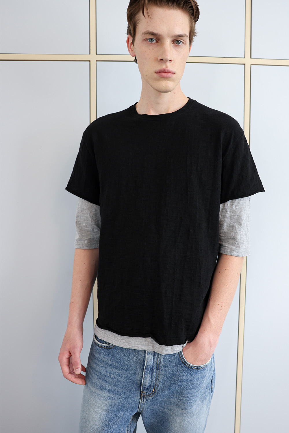 [ANYTIME LOREAK] FADE SLUB HALF T-SHIRT - BLACK