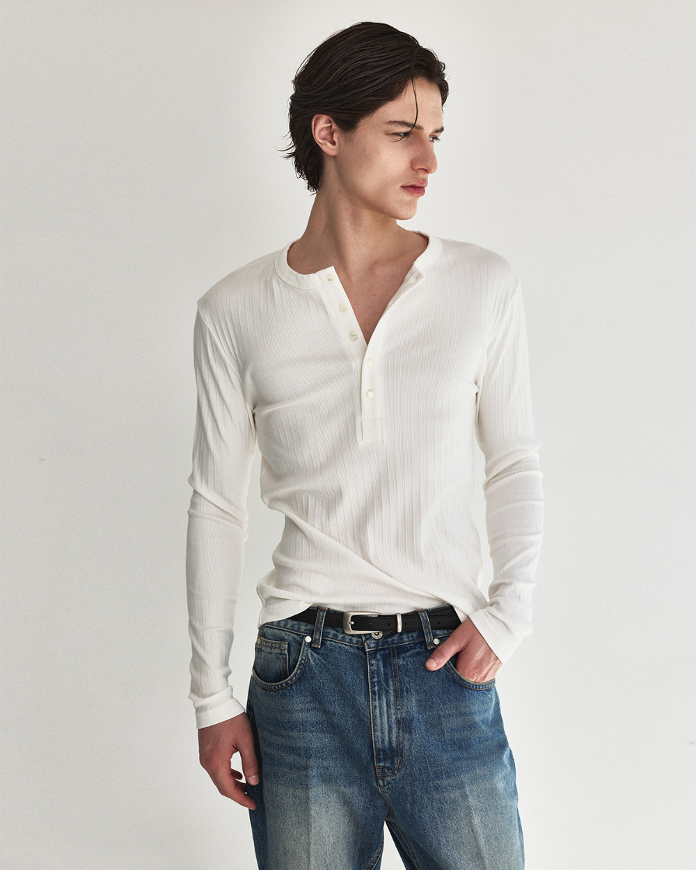 [kineto] Fine Cotton Ribbed Henley Top_White