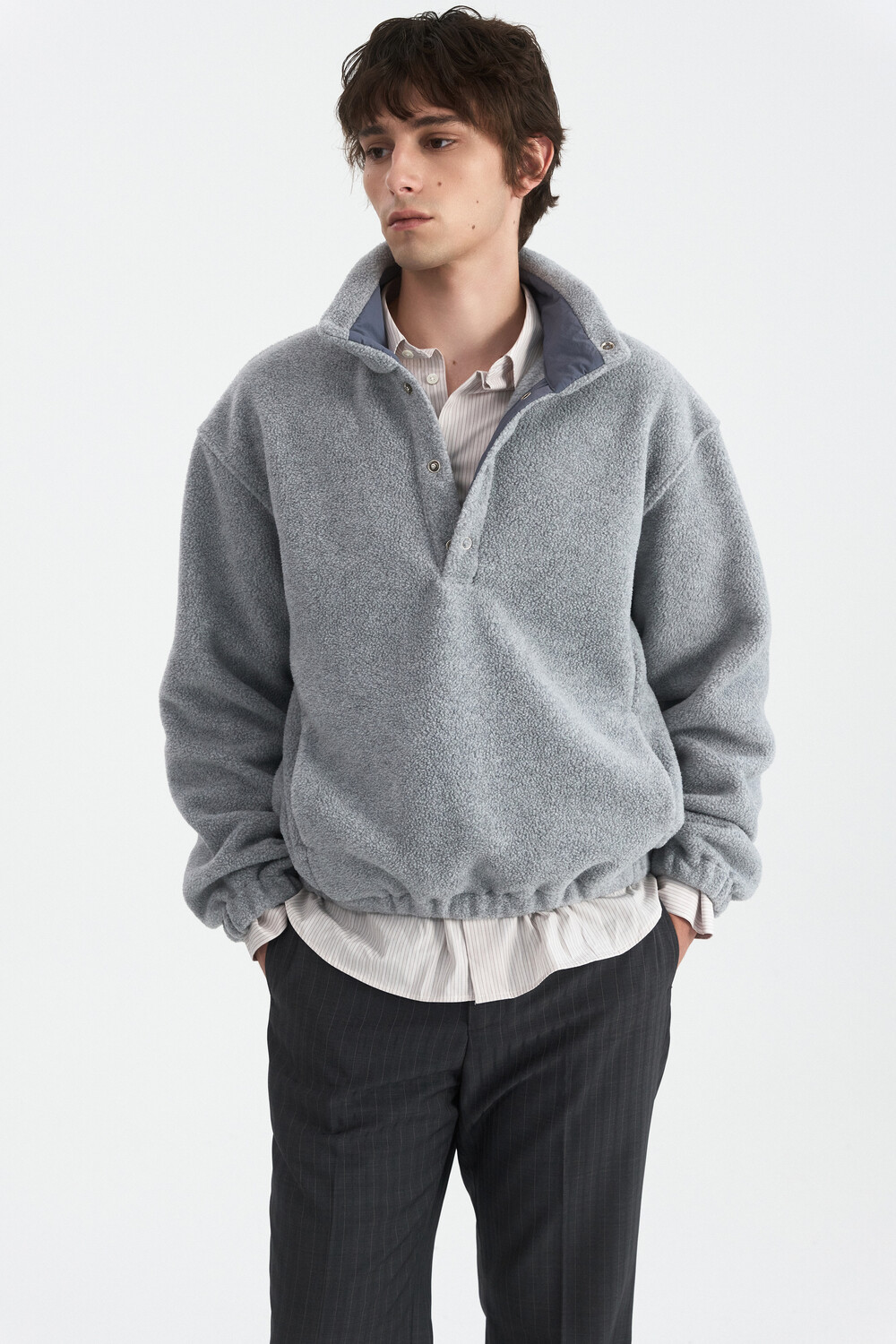 [WINDER] RING SNAP FLEECE PULL OVER -MELANGE GREY