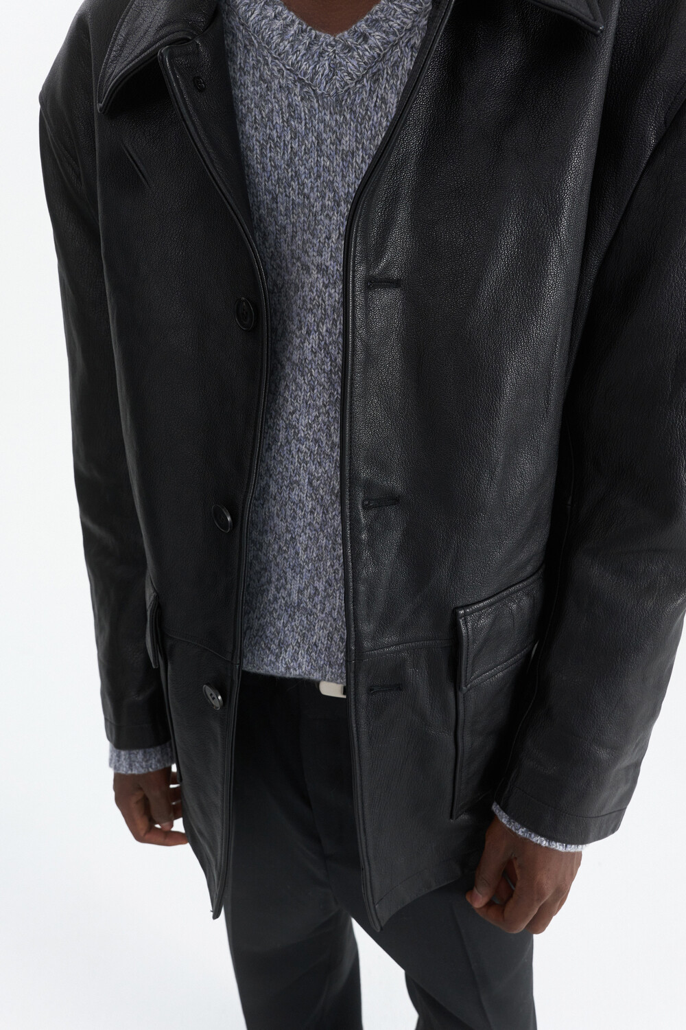 [WINDER] VINTAGE WASHED GOAT LEATHER CAR COAT - BLACK