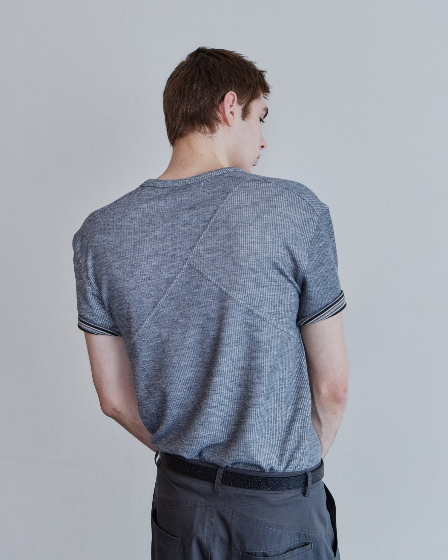 [WAVINESS] Ribbed Layered Henley-Neck T-shirts - Light Grey