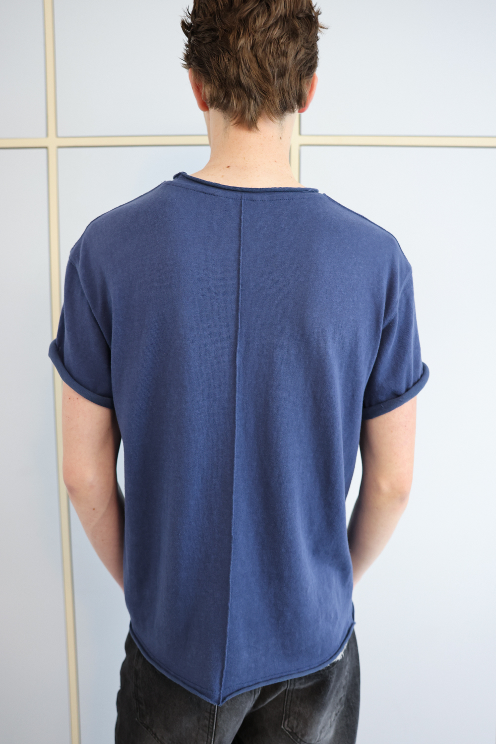 [ANYTIME LOREAK] YUCCA RAW-EDGE HALF KNIT -BLUE