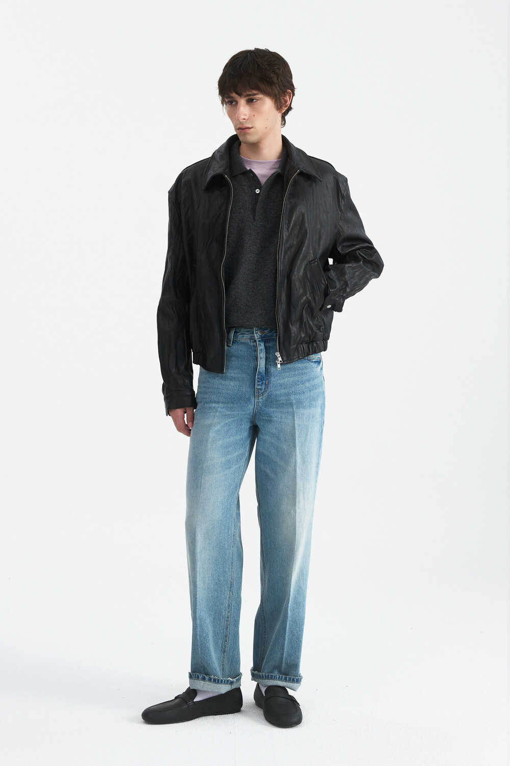 [WINDER] VINTAGE WRINKLE GOAT LEATHER BLOUSON - BLACK