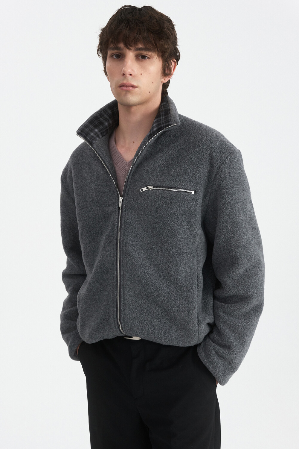 [WINDER] COLLAR CONTRAST FLEECE JUMPER - MELANGE GREY
