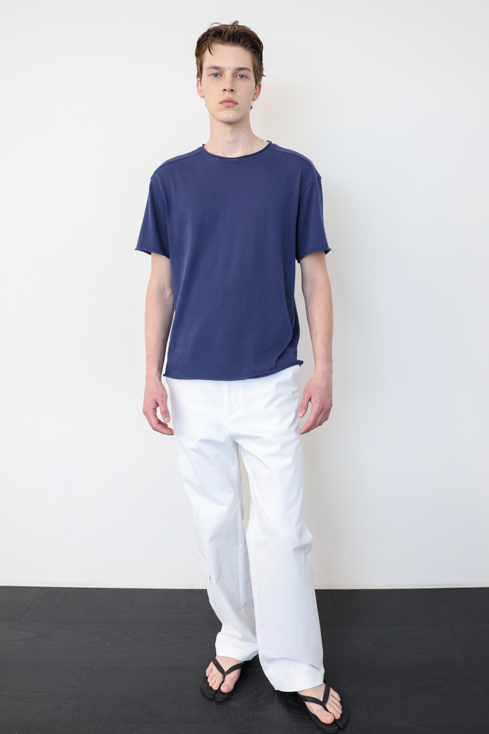 [ANYTIME LOREAK] YUCCA RAW-EDGE HALF KNIT -BLUE
